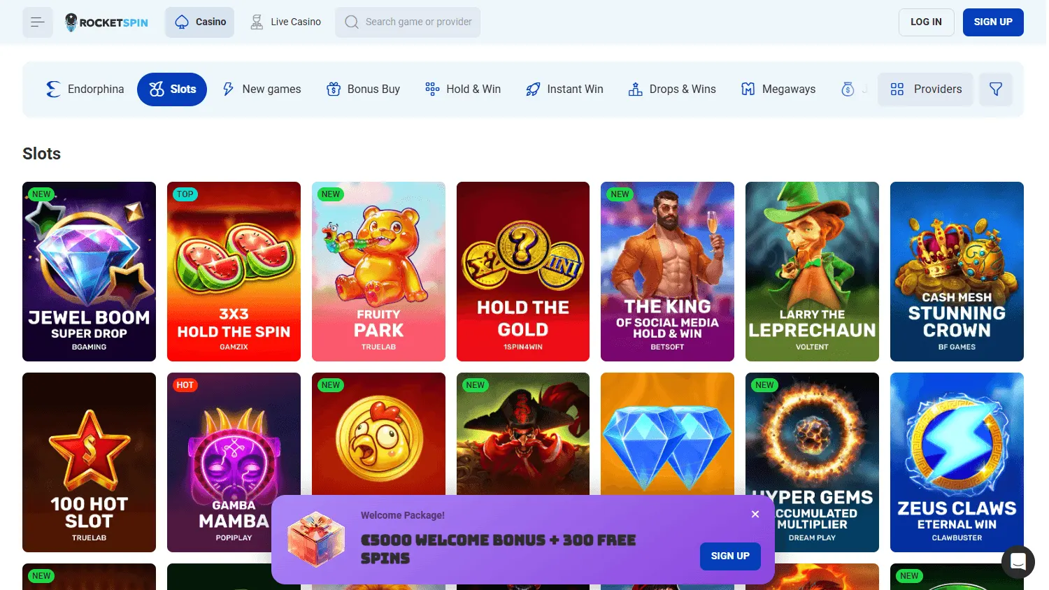 Rocket Spin Casino desktop games selection