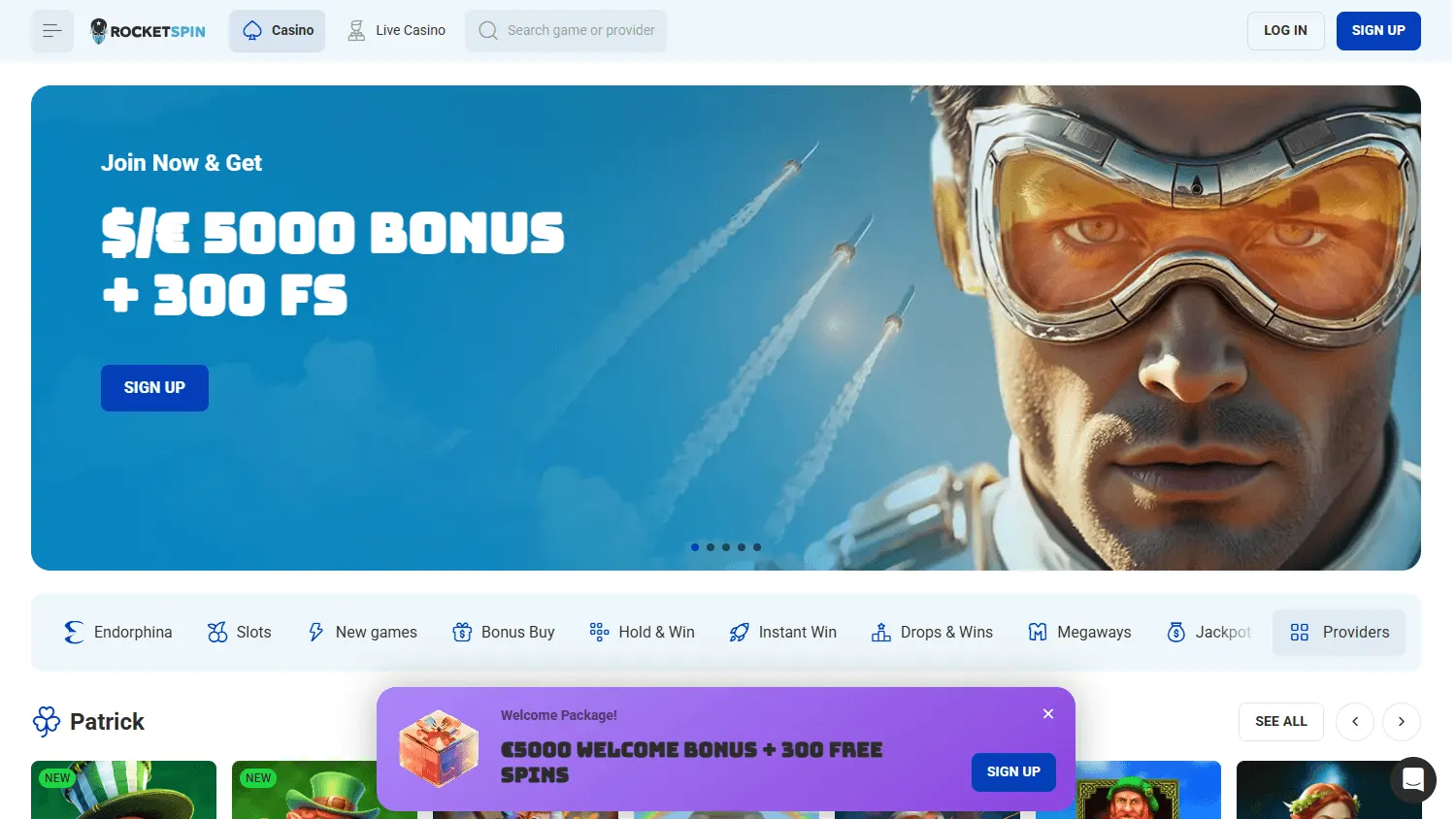 Rocket Spin Casino desktop home with the welcome package
