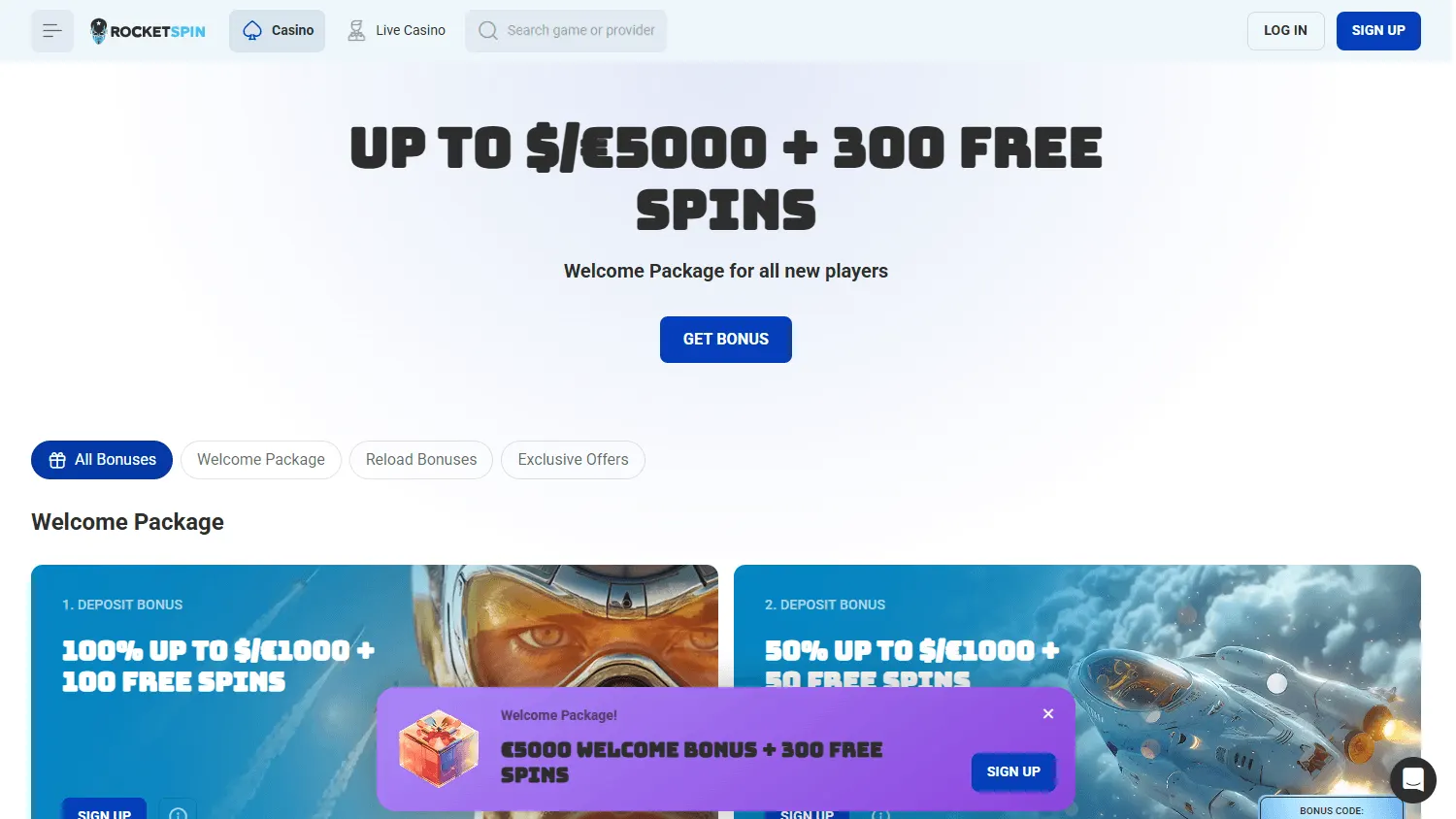 Rocket Spin Casino desktop promotions and rewards